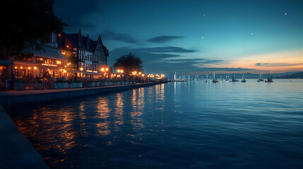 Naklejka premium Nighttime Waterfront Scene with Buildings and Boats, Cityscape Illustration