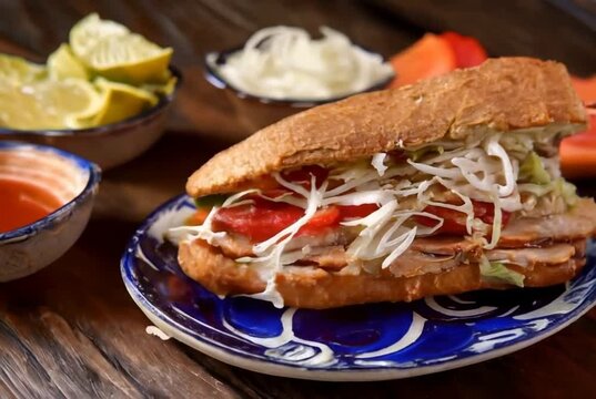 tradicional torta de carne de puerco, con agua fresca de horchata, torta ahogada tipica de guadalajara, jalisco, mejico