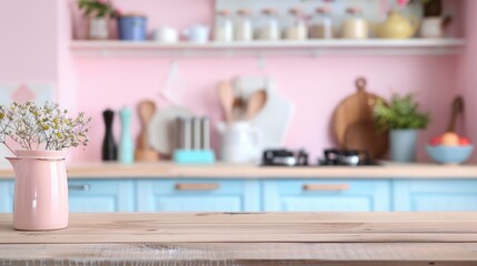 Product display on tabletop with blurred pastel kitchen backdrop