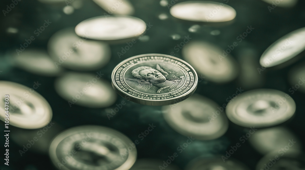 Poster navigating financial concepts with the visual of silver coins cascading over dollar bills