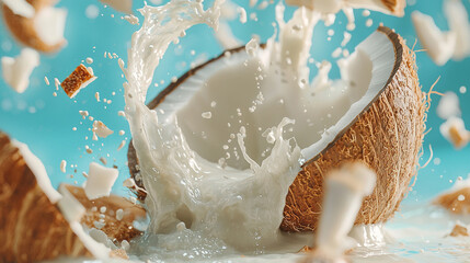 Explosive Splash of Fresh Coconut Milk with Coconut Chunks in Motion