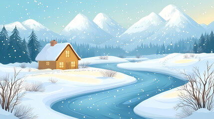 Fototapeta premium A serene winter landscape featuring a cozy house by a winding river with snow-covered mountains in the background. Frozen River. Illustration