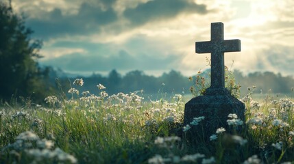A cross is standing in a field of flowers