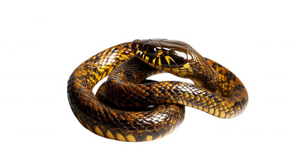 Obraz premium A coiled snake showcasing vibrant scales and intricate patterns on a white isolated background. transparent background