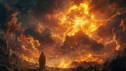 A radiant cross stands on the mountain with Jesus in front of it and his arms raised high