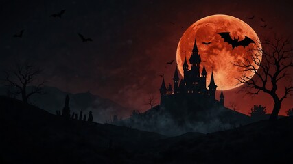 Halloween background with silhouette of a castle set against a red moon, with bats flying over dark skies and eerie trees. Perfect for Halloween themed designs.
