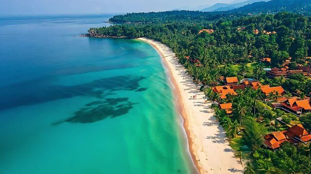 View from above Beautiful resort hotel beachfront coconut palm tree on a tropical white sand sea beach