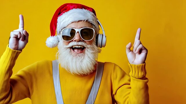 Nightclub invite on christmas party celebration funky crazy santa claus dj in white headset sing song sound melody listen music dance wear stylish x-mas hat suspenders isolated yellow color Video