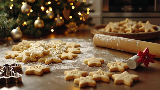 Baking Christmas cookies in a festive kitchen, with rolling pins, cookie cutters, and a decorated tree visible in the background. . Video