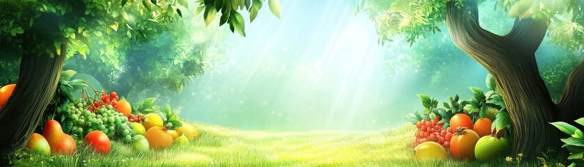 Fototapeta premium A vibrant, sunlit forest scene filled with colorful fruits and lush greenery.
