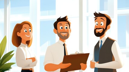 A strategic discussion is taking place among animated colleagues in a bright room, centered around a clipboard, showcasing teamwork and communication in a business setting.