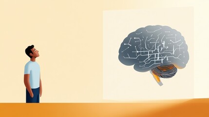 A man in a minimalist setting stands thoughtfully observing a large, digital brain model, representing artificial intelligence and human curiosity's intersection.