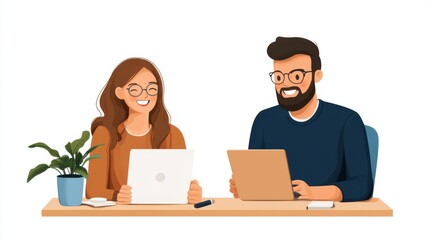 Friendly work environment depicted as two coworkers collaborate across a table, showing a spirited and productive modern office setting filled with teamwork.