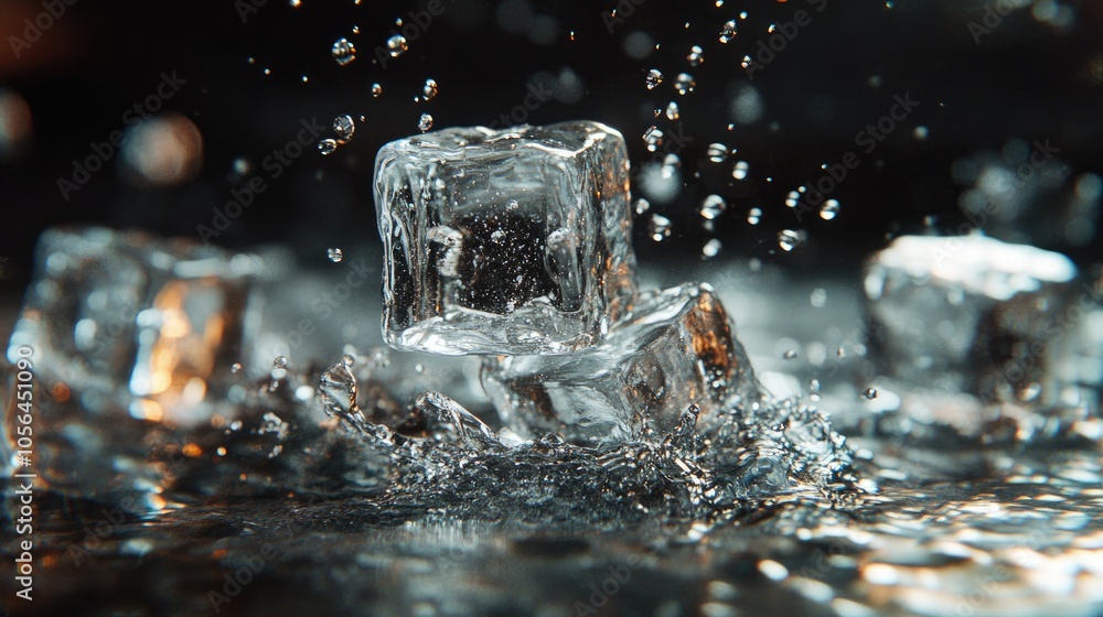 Poster ice cubes splash in water. a close-up of a single ice cube splashing into water, perfect for beverag
