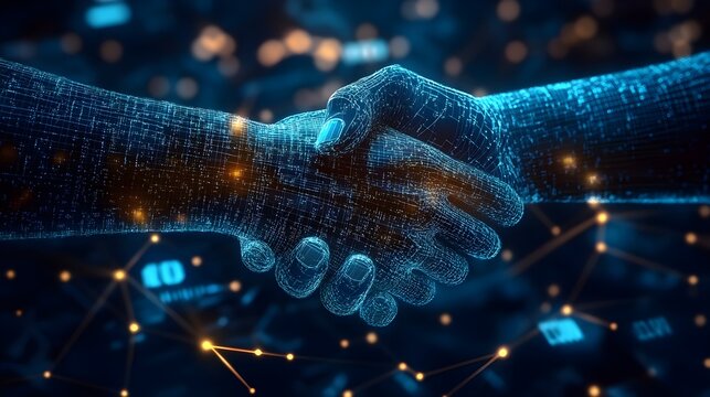 Digital blue handshake with glowing binary code, artificial intelligence in virtual business transactions, commitment deal or partnership, secure authentication protocols