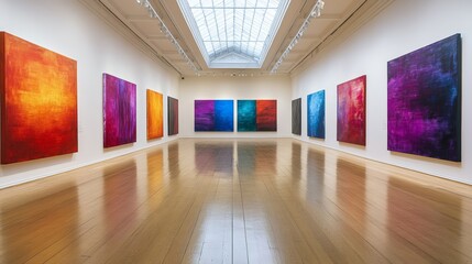Bright, colorful abstract artwork displayed in a traditional gallery setting, contrasting with the surrounding classic art. bold painting, gallery art