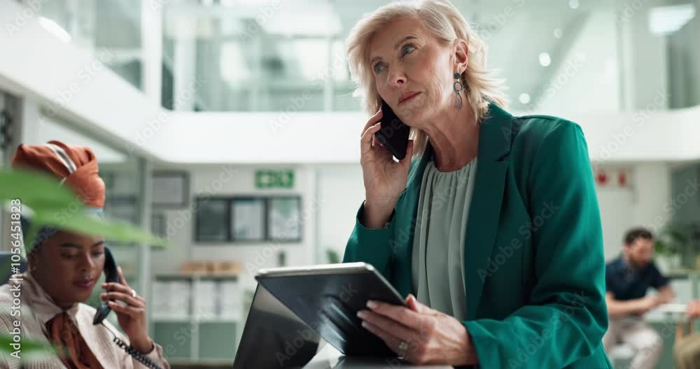 Poster mature woman, tablet and work phone call at office admin desk with planning and tech for email marke