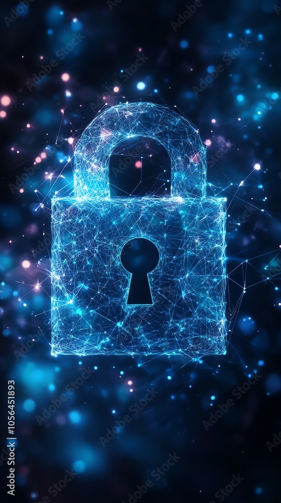 Aufkleber A digital padlock with blue glowing lines and a bokeh background.