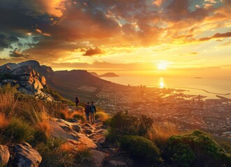 Naklejka premium Sunset view from head mountain with people hiking