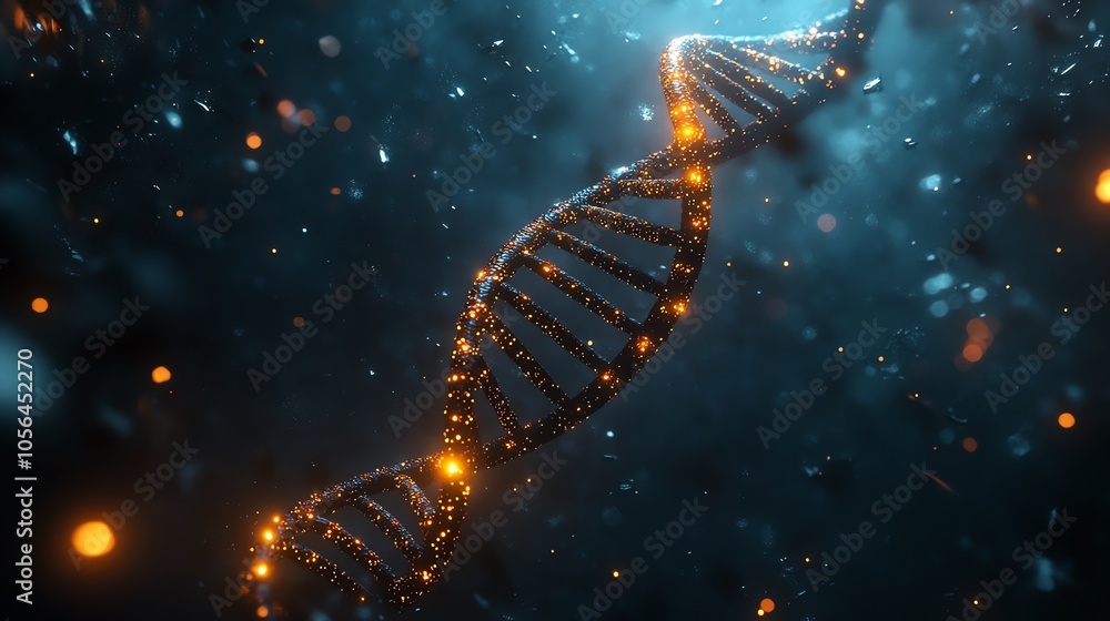 Fototapete A 3D rendering of a DNA double helix with glowing particles.