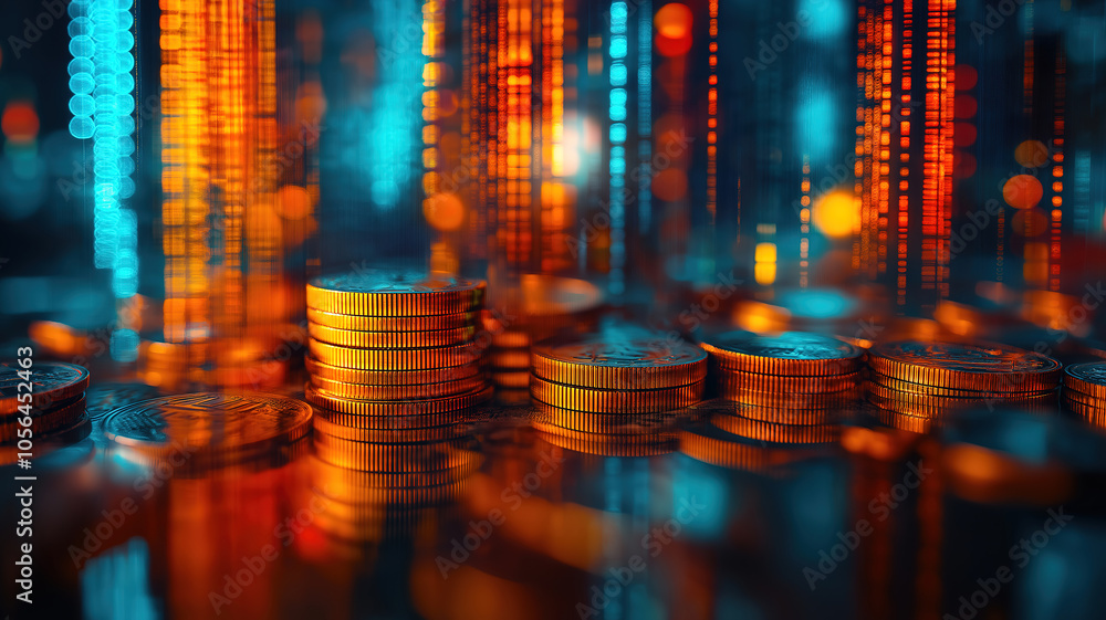 Poster understanding investment strategies with rows of coins against a cityscape background