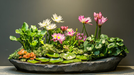 Colorful Water Lily Arrangement in Stone Basin