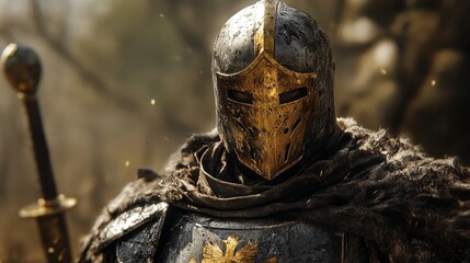Heroic knight in shining steel at the forefront of an army, their posture symbolizing courage and unwavering leadership. knight of honor, army commander