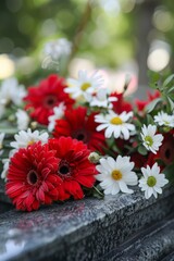 Reflective Memorial Day tribute adorned with a bouquet of daisies and carnations, symbolizing remembrance and fidelity.