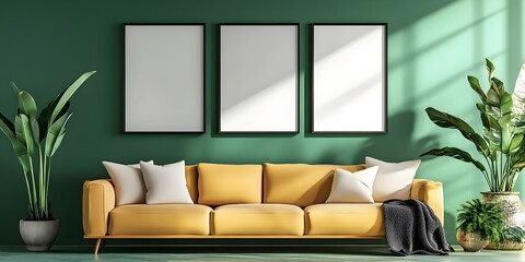 Picture frame mock-up in the interior of a modern living room on a green wall with a sofa and a plant in a vase, transparent wall art mock-up