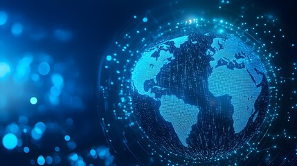 Naklejka premium Blue hologram globe with world map with glowing data streams, ai global communication networks, virtual reality simulations, geospatial data visualization, and interactive educational experience