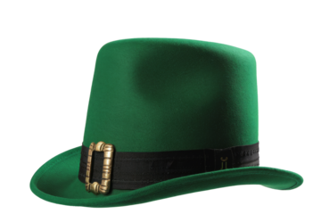 St Patricks day meme and March 17 concept with a green parade hat with a belt and buckle isolated on white background with a clip path cut out