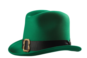 St Patricks day meme and March 17 concept with a green parade hat with a belt and buckle isolated on white background with a clip path cut out