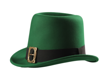 St Patricks day meme and March 17 concept with a green parade hat with a belt and buckle isolated on white background with a clip path cut out