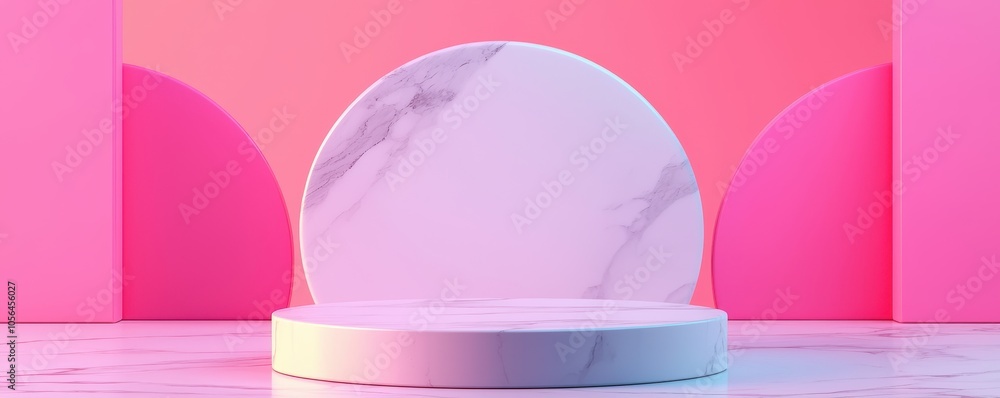 Poster a minimalist display featuring a circular pedestal on a glossy surface, with vibrant pink and soft c
