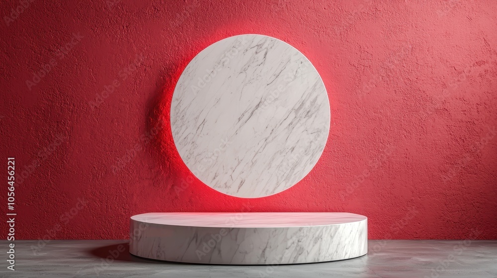 Poster a minimalist circular display against a vibrant red wall, featuring a floating marble circle illumin