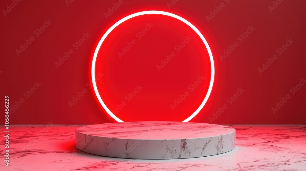 Poster a minimalistic scene featuring a circular neon light against a red backdrop, illuminating a round ma