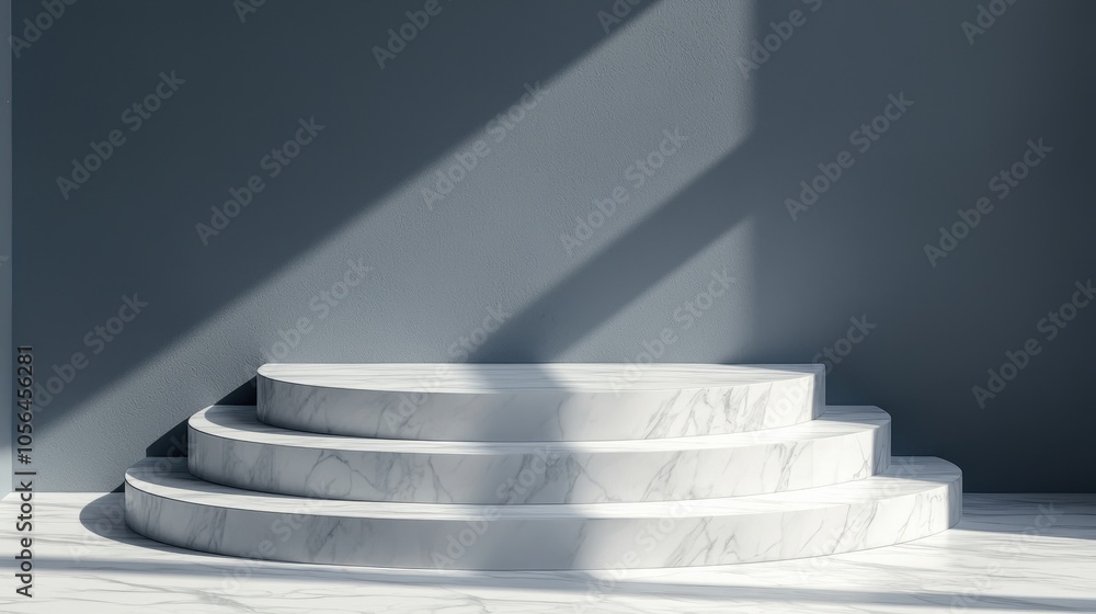 Aufkleber a minimalistic three-tiered stage with soft shadows against a simple gray wall, creating a serene an
