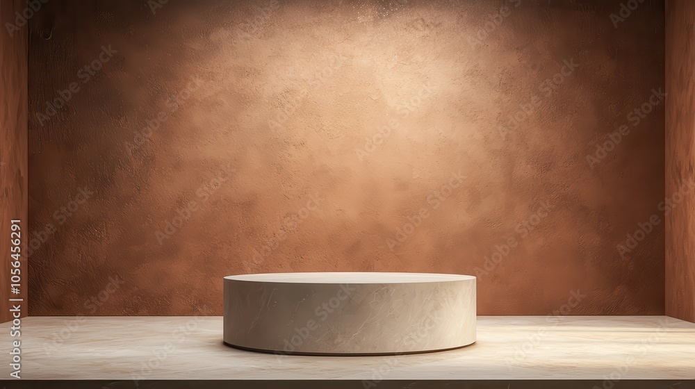Poster a minimalist display platform in a softly lit, textured interior, emphasizing simplicity and eleganc