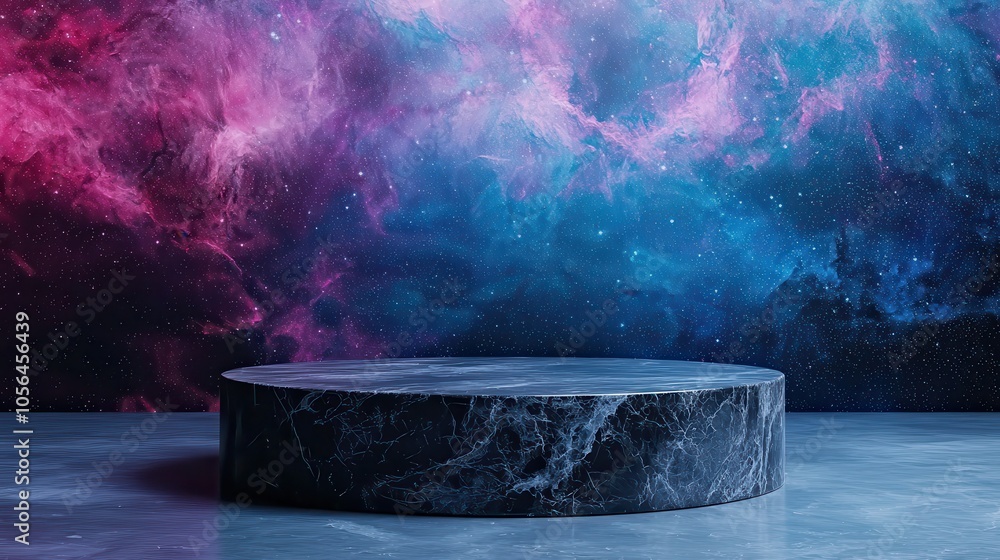 Poster a circular platform against a vibrant galaxy backdrop featuring deep blues and purples, creating a c