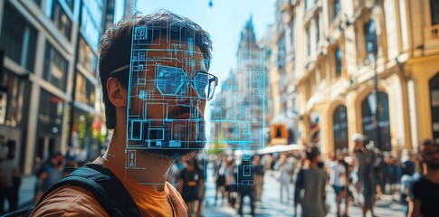 A man walking down a busy street with a futuristic digital overlay over his face.