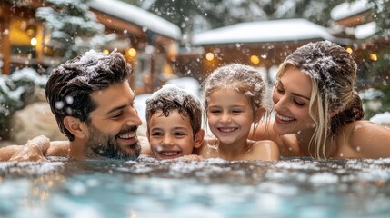 A family enjoying a winter vacation at a hot spring, surrounded by snowcovered mountains focus on, relaxing escape, vibrant, overlay, geothermal spa backdrop