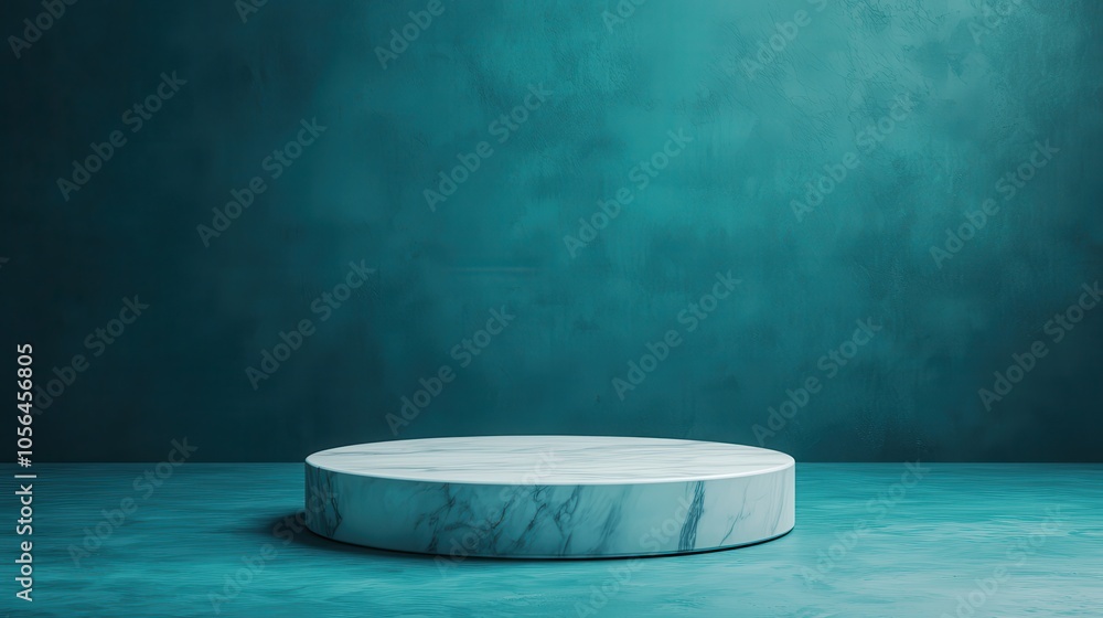 Poster a minimalistic, round marble podium on a teal background, creating a modern and elegant display sett
