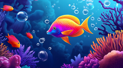 Fototapeta premium A vibrant, iridescent fish swims through a coral reef, with bubbles rising around it. Coral Reef at Dawn. Illustration