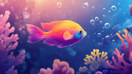Fototapeta premium A vibrant, iridescent fish swims through a coral reef, with bubbles rising around it. Coral Reef at Dawn. Illustration