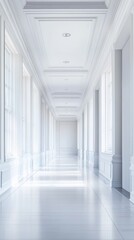Obraz premium A long, narrow hallway with white walls and white trim. The hallway is empty and features a large window on one side