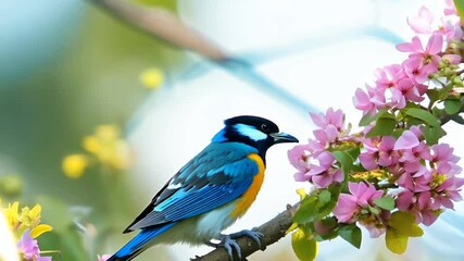 branch jay tree flowers pinkrich colored blue spring bird pink flower background nature animal floral blossom summer plant wildlife green natural feather garden leaf colourful wild flora beautiful so