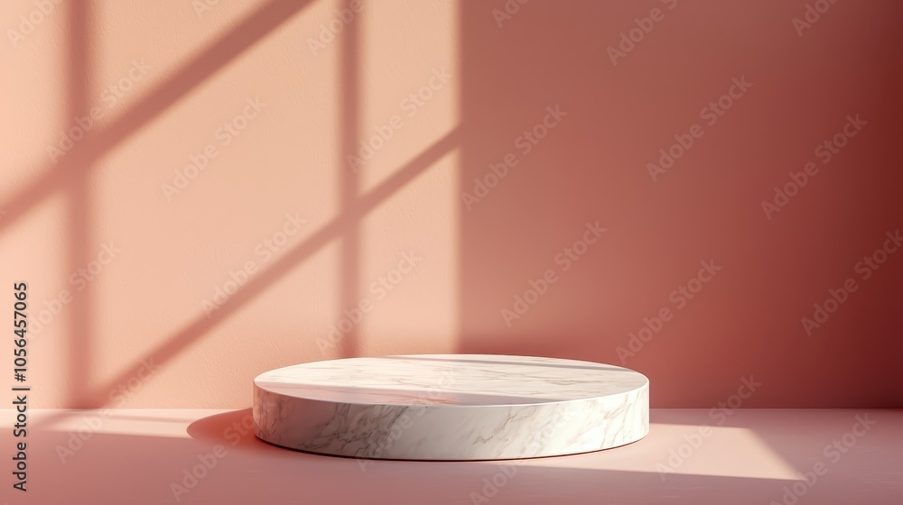 Poster a minimalistic marble podium casts shadows on a soft pink background, creating a serene and elegant 