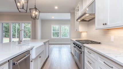 A spacious, modern kitchen featuring white cabinetry, stainless steel appliances, and large windows providing a view of the lush green backyard.