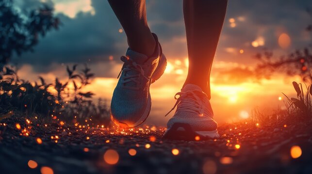 A runner tying their shoes, ready to take on a fitnessfocused New Year resolution focus on, determined fresh start, vibrant, overlay, park trail backdrop - Powered by Adobe