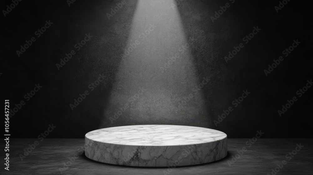 Poster a minimalistic stone platform illuminated by a beam of light against a dark backdrop, creating a dra